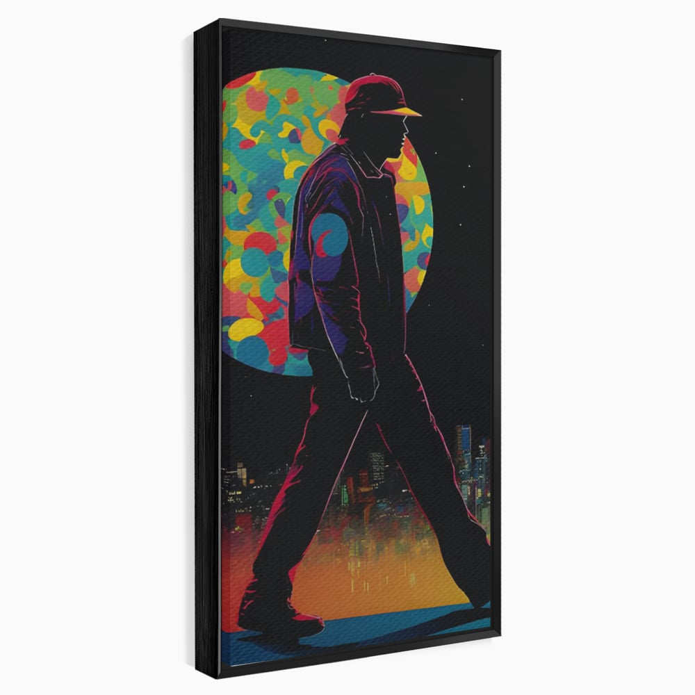 Tablou canvas cu silueta unui barbat mergand pe fundal urban, in rama de aluminiu negru
